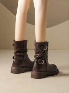 Josiny | Thick Sole Retro Brown Boots with Belt Buckle Mid Calf