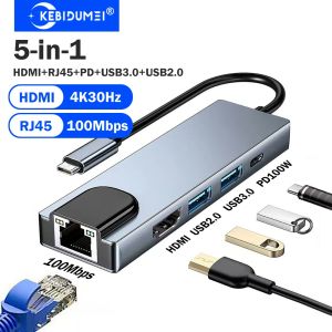 Kebidumei | KEBIDUMEI 5-in-1 USB C Docking Station TYPE-C to HDMI/RJ45 Adapter USB C HUB USB 3.0 5Gbps High Speed USB Splitter For PC Laptop