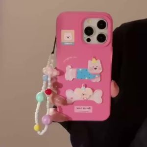 3D cartoon dog patch rose red phone case for iPhone 12 13 14 15 16 Pro Max casing Hanging rope anti fall soft cover for iPhone14 case