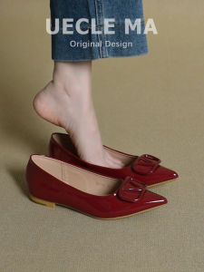 MASHUJIA | French Square Buckle Pointed Toed Pumps Soft Sheep Patent Leather