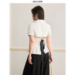 JULULOOK | Áo Sọc Hở Lưng Dây Kéo Phía Sau Dành Cho Người Mũm Mĩm