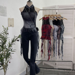 New Chinese Style Lace Splice Dyed Shirt without Sleeves Mesh Top with Chest Pad Buttoned Blouse Half High Collar Elastic Fiber