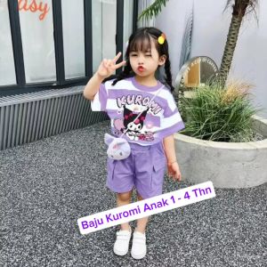 Setelan Kaos dan Celana Pendek Anak Perempuan Motif Kuromi - Bahan Campuran Kapas-Poliester - Usia 1-6 Tahun