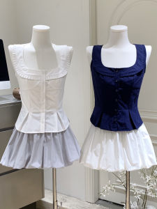 Dolami Spring Summer 2025 Casual Simple Slim Fit Button Side Zipper Flower Bud Short Skirt Pants Womens Vest Tops