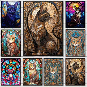 Colorful Stained Glass Cat Artwork Jigsaw Puzzle 1000PCS-50X70CM Stress Relief Puzzle Wall Art Decor Gift