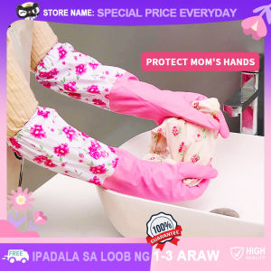 Japanese Durable Long Sleeved Rubber Gloves Waterproof Oil-resistant Thickened Dishwashing Hand Gloves for Women Long Sleeve Multi-use Washing Clothes Kitchen Dishwashing Housework Cleaning Tools Household Protect Gloves