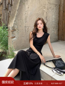 Elegant Summer New Style Little Black Dress Womens U-neck Slimming A-line Hepburn Skirt High Waist Cotton Blend Dress