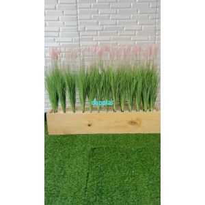 Tanaman Artificial Bunga Hias Ilalang Pot Planter Motif Kayu Dekorasi Cafe Hiasan Ruang Kantor