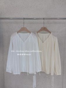 French Style Loose Casual Sun Protection Shirt Embroidered Floral Thin Summer Cotton V-neck Long Sleeve Womens Top