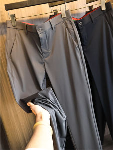 กางเกงขายาวทรงตรงสำหรับใส่ไปทำงานผ้าไหมน้ำแข็งสำหรับผู้ชายในช่วงฤดูร้อน กางเกงขายาวลำลองสีพื้นสำหรับใส่ไปทำงานแบบบางสบาย ๆ ที่สวมใส่สบาย