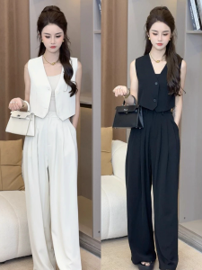 Korean Style High Waist Wide Leg Pants Vest Set Womens Sleeveless Two-Piece Suit Fashionable Summer Outfit Short Sleeve Button