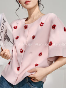 PlumJan | Womens Summer French Style Pink Short Sleeve Jacket