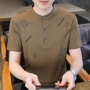 HENGYUANXIANG | Ice Silk Loose Fit Short Sleeve T-Shirt Vintage Stand Collar Youth Fashion Printed Modern Style Base Shirt For Men Summer Wear