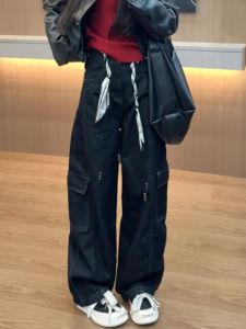 Quần Jeans Ống Rộng Cạp Cao Màu Xanh Đậm Phong Cách Mỹ Cổ Điển Cho Nữ Quần Dài Dài Đến Sàn Ống Rộng Thường Ngày Quần Jeans