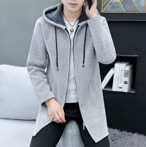 ROMON | Lormen Mens Lamb Velvet Jacket Mid-Length Thickened Knitted Hooded Open Cardigan Sweater For Autumn And Winter Casual Wear