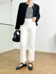 High Waist Straight Leg Jeans Womens Loose Fit Washed Denim Slimming Ankle Length Pants Cotton Stretch Fabric All Seasons