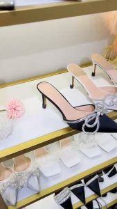 Giày sục nơ xoàn vip trắng HALEY STORE cao gót 7cm quai đính nơ xoàn đá pha lê mũi nhọn công chúa tiểu thư đi tiệc