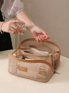 Womens Portable Large Capacity Cosmetic Bag Mesh Travel Storage Pouch Handheld Makeup Organizer Nylon Material Letter Pattern