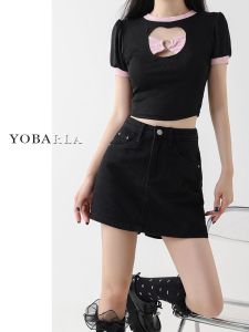 Black Denim Short Pantskirt Female High Waist Summer Plus Size Plus Size Ladies Belly Covering Slim Looking Pear Shapes A- line Skirt
