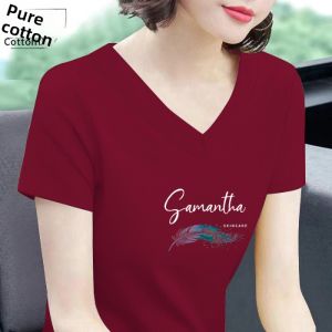 QIAOXIZI | Summer Loose-Fitting Cotton T-Shirt for Plus Size Women with Belly Covering and Slimming V-Neck