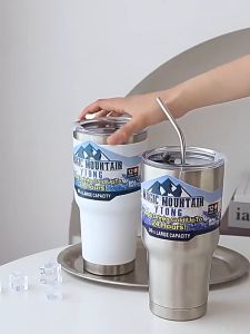 30oz Stainless Steel Tumbler With Lid Double Wall Keeps Cold Vacuum Flask Insulation Cold Thermos Cups With Straw Rocky Mountain Bottle