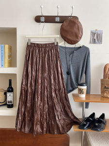 Autumn Winter PU Leather Womens Skirt High Waist 2024 New Solid Color Pleated Female Office Ladies Long Skirts Vintage