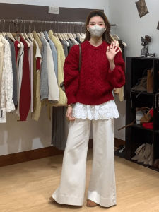 Christmas New Year Red Knitted Sweater Womens Autumn Winter New Style Lace round Neck Twist Yarn Top And Bottom Set