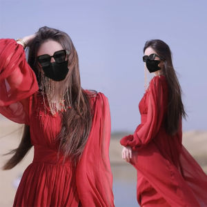 Summer Atmosphere Long Sleeve V-Neck High Waist Red A-Line Dress Womens Comfortable Maxi Dress Vacation Style Lantern Sleeve