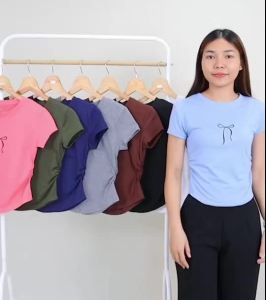 t430# tb4302-2XL# เสื้อยืด มี 2 ไซส์ งานคอกลม แขนสั้น ปักลายโบว์ ผ้าคอตตอนผสม