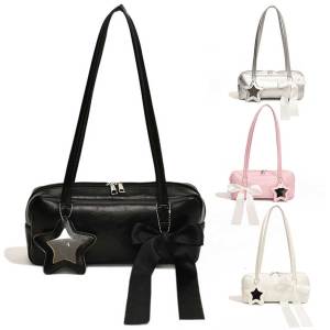 Womens Elegant PU Leather Shoulder Bag with Bow and Star Pendant Suitable for Work and Outings