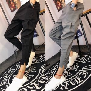 Ice Silk Quick Dry Thin Mens Casual Pants Loose Harlan Split Elastic Cuffed Summer Fashion Straight Leg Workwear Trousers