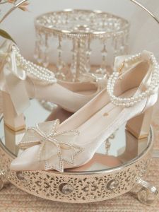 Phong Cách Pháp Giày Cưới Có Nút Thắt Bướm Giày Người Giúp Việc Giày Cô Dâu Giày Cao Gót Satin Giày Đơn Khóa Bề Mặt Cho Nữ