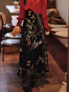 New Chinese Style Black Print Velvet Half Skirt Womens Spring Autumn High Waist Slimming Long Skirt Commute Size plus