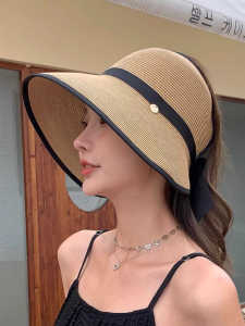 Summer Large Brim Foldable Straw Hat Womens New 2024 UV Protection Fashionable Versatile Face Covering Empty Top Hat