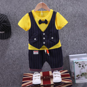 Summer Infant Boys Fashionable Short Sleeve Suit Set Birthday Outfit Cotton Blend Fabric Easy Care British Style Striped Design