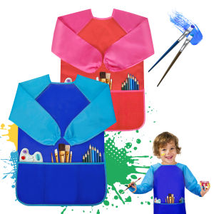 Painting Aprons 2Pcs Kids Aprons with Sleeves and 3 Pockets Waterproof Childrens Smocks for Age 2-8 Years Youngsters Art Apron