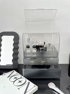 Gray Dustproof Cosmetic Storage Box Lipstick Organizer Desktop Shelf Makeup Box Rectangular Plastic Simple Style Bedroom Storage