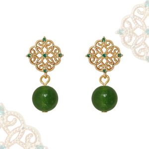 Elegant Natural Green Agate Asymmetric New Chinese Style Honey Wax Yellow Earrings Fashionable Retro Geometric Pattern for Women