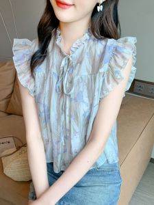 Ladies Chiffon Shirt Short Sleeve Fashionable Summer Top Korean Style Printed Banded Waist Loose Fit Commute Wear Floral Pattern