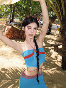 ARUNT SUTDIO Spicy Girl Knitted Tube Top Vest Womens High Waist Bodycon Skirt Set Spring Season Hollow out Commute Style Short Length