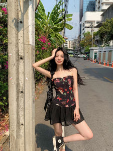 GUZILIAN | Pure Desire Style Summer New Retro Dream Cherry Strawberry Flavor Vacation Sweet Print Slim Fit Strapless Dress Korean Version A-Line Skirt Short Skirt No Sleeve