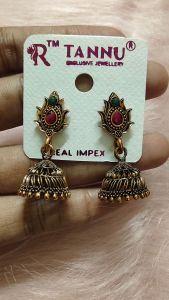 Exclusive Jewellery Jhumka Earrings with Red and Green Stones.