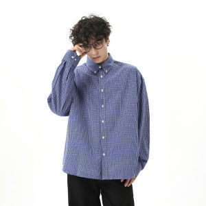 Woostop | American Retro Blue Plaid Long Sleeve Shirt Mens Outerwear