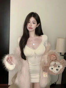 พลัสไซส์ ผู้หญิง แขนยาวคอวี เดรสรัดรูป เดรส เซ็กซี่ กระโปรงสั้น สวมใส่ด้านใน ลำลอง ฤดูใบไม้ร่วง เสื้อผ้าทํางานสไตล์แฟชั่น K