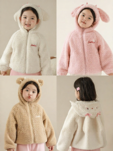 YOEHYAUL | Fluffy Cartoon Thermal Hooded Coat for Girls
