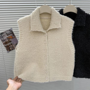 Elegant Knitted Vest Womens Polo Collar Sleeveless Open Cardigan Shoulder Pad Multilayer Wear Short Style Single Button Pure Color