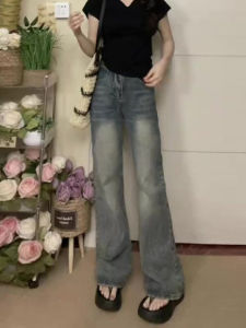 สูง เอว ขาตรง กางเกงยีนส์ ผู้หญิง ฤดูร้อน ขากว้างทรงสกินนี่ย้อนยุคสไตล์ฮ่องกงบางยาวพื้น กางเกง ลำลอง สบาย