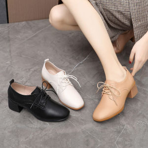 รองเท้าส้นหนาผูกเชือกหนังแท้สำหรับผู้หญิง ทรงหัวเหลี่ยม ส้นสูงปานกลาง พื้นยาง รองเท้าแฟชั่นฤดูใบไม้ผลิและฤดูใบไม้ร่วง