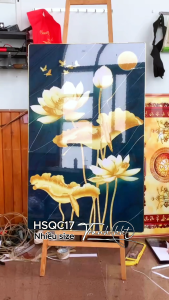Tranh hoa sen 3d trang trí tường Tranh hoa sen cá chép lộc phát an khang tráng gương treo tường HSQC17