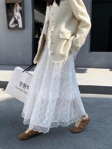 Lace Trim A-Line Skirt High Waist Long Slimming Womens Half Body Cake Style Autumn New Personality Skirts